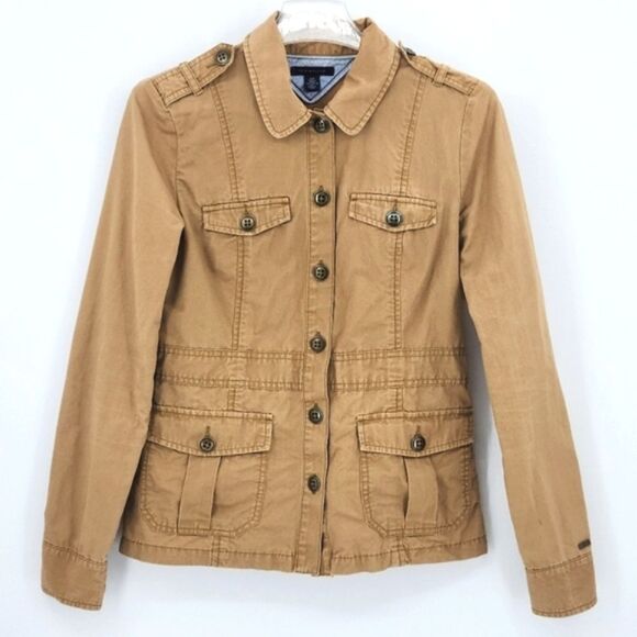 Tommy Hilfiger Military Jacket Shacket Womens Small Brown Weathered Distressed - Picture 1 of 8